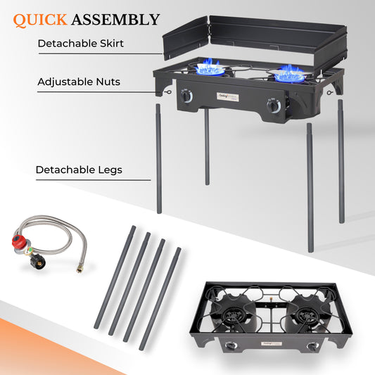 High Pressure Double Burner Propane Camp Stove with Windscreen – Portable Outdoor Gas Cooker | 24/7 Propane