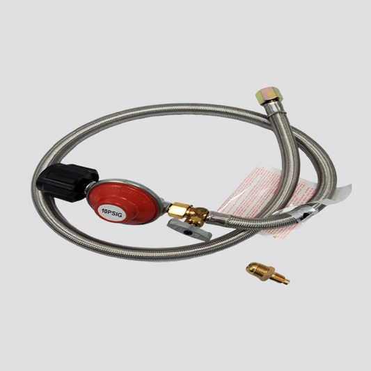 Cooking Station 10 PSI High Pressure Regulator w/ QCC1 Propane Tank Connection, 5' Stainless Steel Braided Hose, 3/8" Female Flare Swivel Connection With Orifice Fitting 3/8" Flare X 1/8" MNPT 247 Propane | Miami, FL